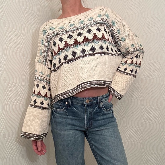 Zara Sweater Cream with Metallic & Regular Threads of Brown Blue Boxy Cut SMALL - Picture 2 of 15